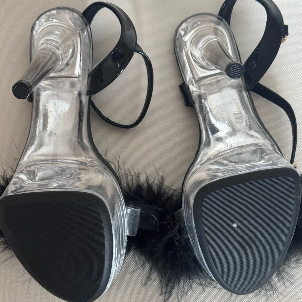 Black | Feather Platform Heels | Clear Heel Statement Stilettos Sexy Glam